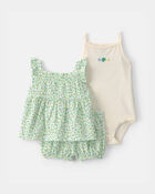 B&eacute;b&eacute; fille - Ensemble 3 pi&egrave;ces haut, cache-couche et short, coquillage - Vert/ivoire, image 1 sur 5 diapositives