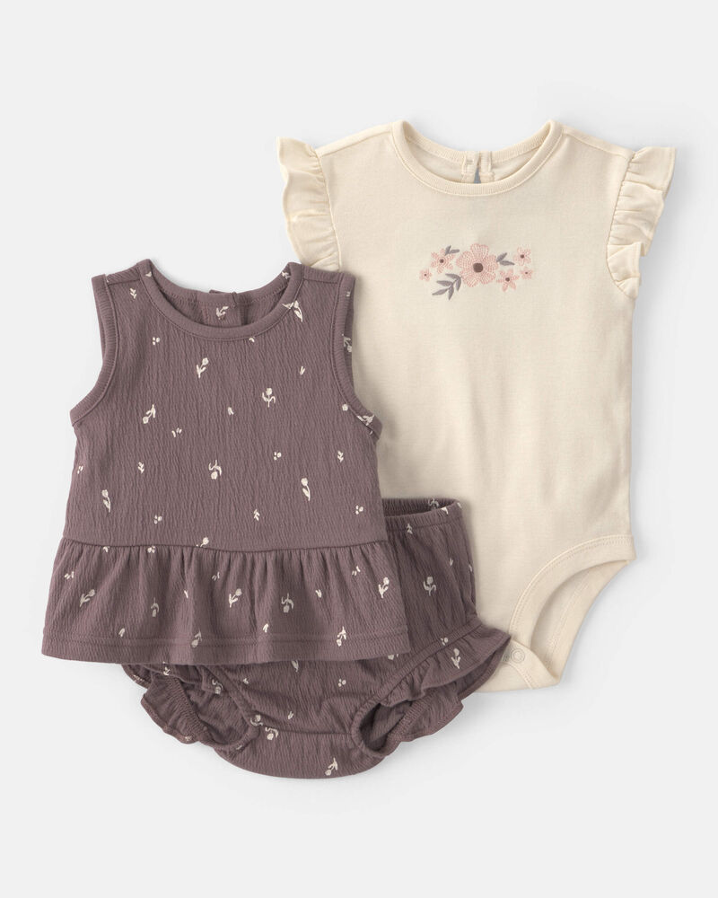 Baby Girl 3-Piece Top & Short Set - Brown, image 1 of 5 slides