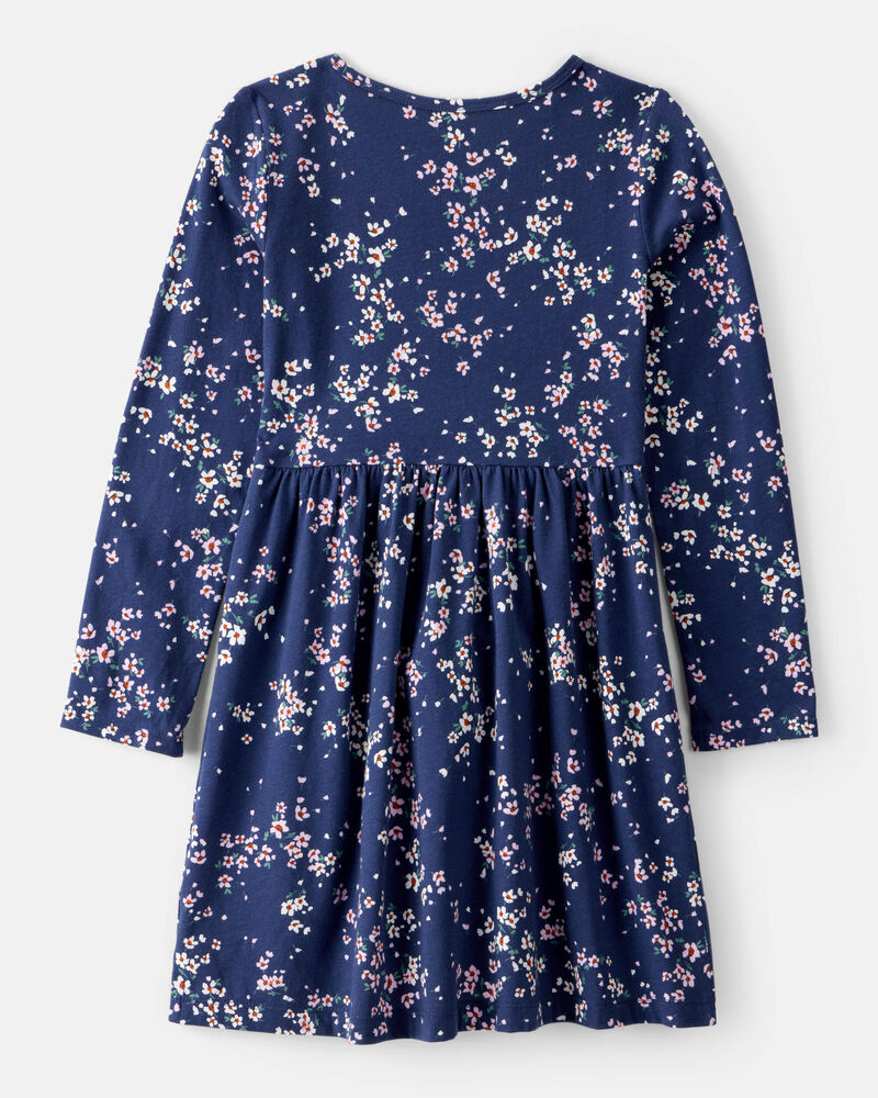 Girls Floral Print Long Sleeve Cotton Dress - Navy, image 2 of 4 slides