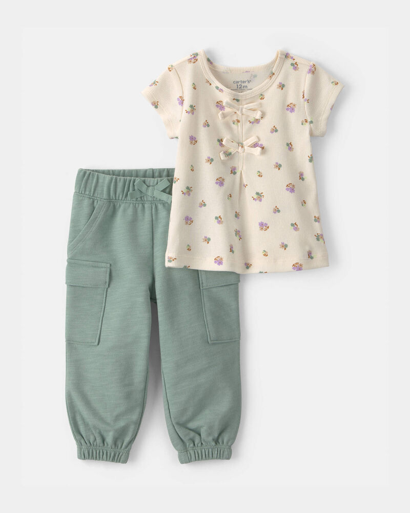 Baby Girl 2-Piece Floral French Terry Top & Pant Set - Green/Ivory, image 1 of 5 slides