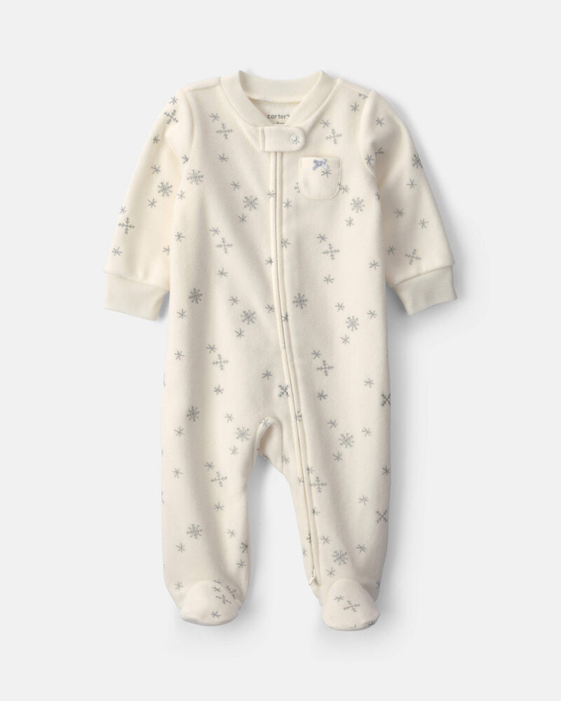 Baby Girl Snowflake Fleece 2-Way Zip Sleep & Play Pyjamas - Cream, image 1 of 5 slides