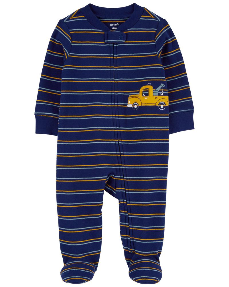 Baby Striped Truck 2-Way Zip Cotton Sleeper Pyjamas, image 1 of 4 slides