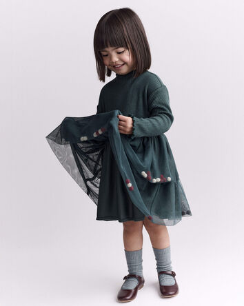 Toddler Girl Tree Pom Pom Long-Sleeve Tutu Dress - Green, 
