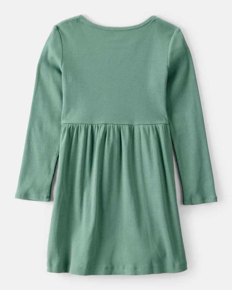 Girls Long Sleeve Cotton Dress - Green, image 2 of 4 slides