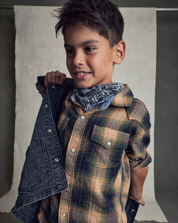 Boys Plaid Long-Sleeve Button-Down Shirt - Brown, 