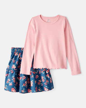 Girls 2-Piece Floral Print Long-Sleeve Top & Skirt Set, 