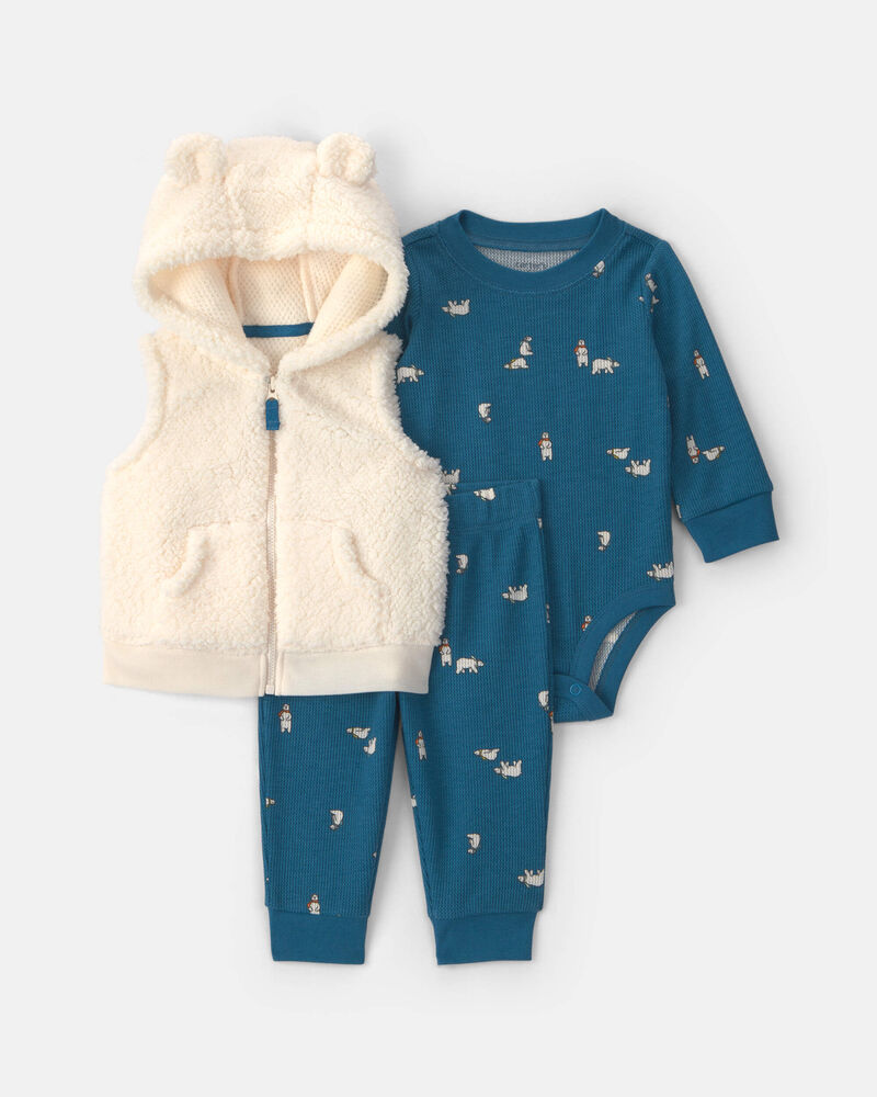 Baby Boy 3-Piece Bear Teddy Fleece Long-Sleeve Layering Set - Blue/Cream, image 1 of 5 slides