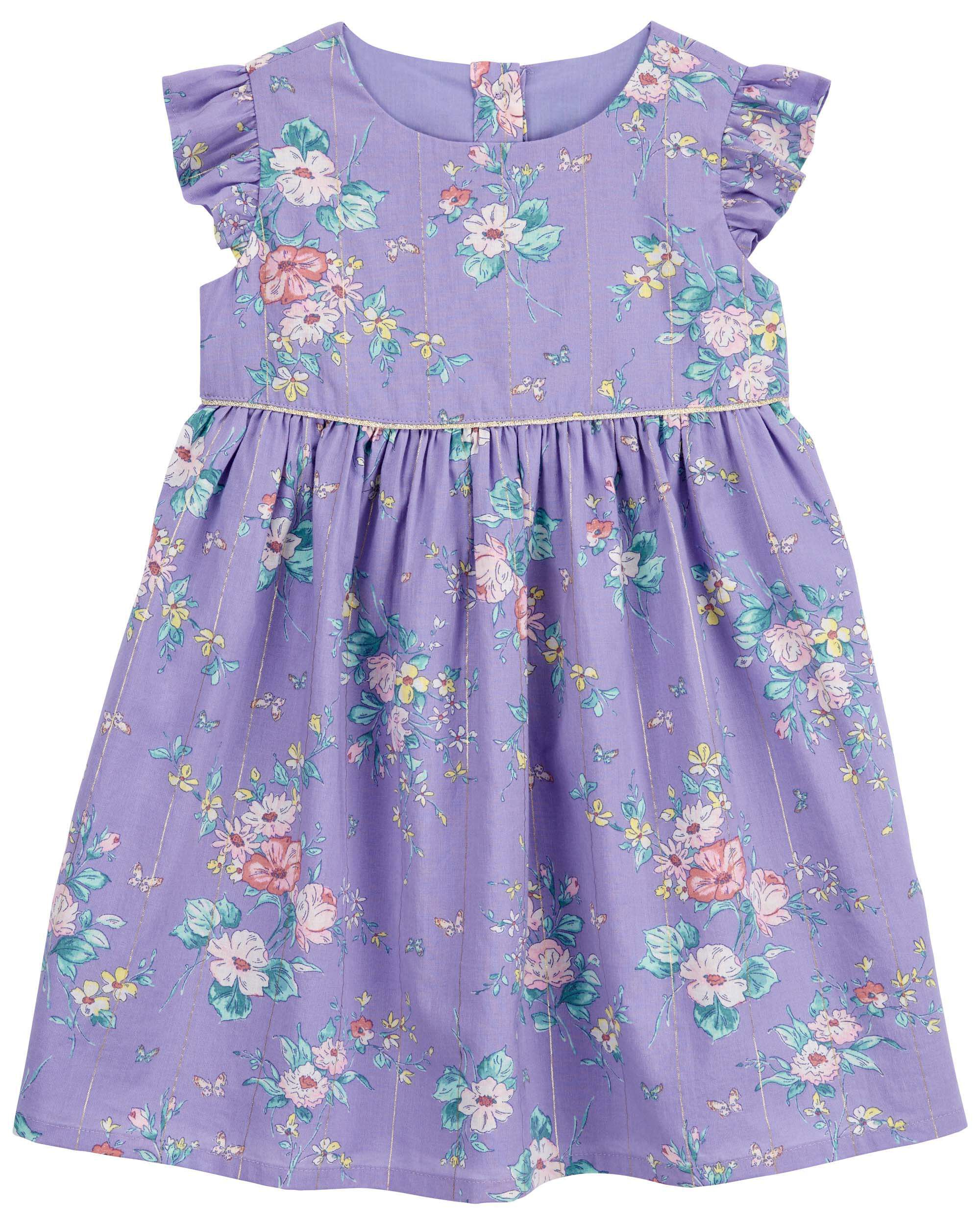 Purple Toddler Floral Print Metallic Babydoll Dress Carter s Oshkosh Canada