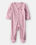 Baby Girl Strawberry Print 100% Cotton Sleeper- Pink, image 1 of 5 slides