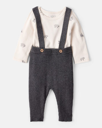 Baby Boy 2-Piece Sheep Print Cotton Long-Sleeve Overall Set - White/Grey, 