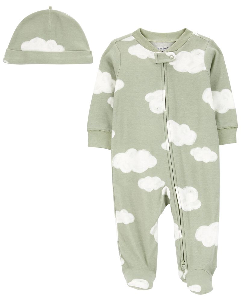 Baby 2-Piece Cloud 2-Way Zip Sleeper Pyjamas & Cap Set, image 1 of 4 slides