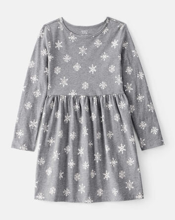 Girls Snowflake Print Cotton Long-Sleeve Dress - Grey, 
