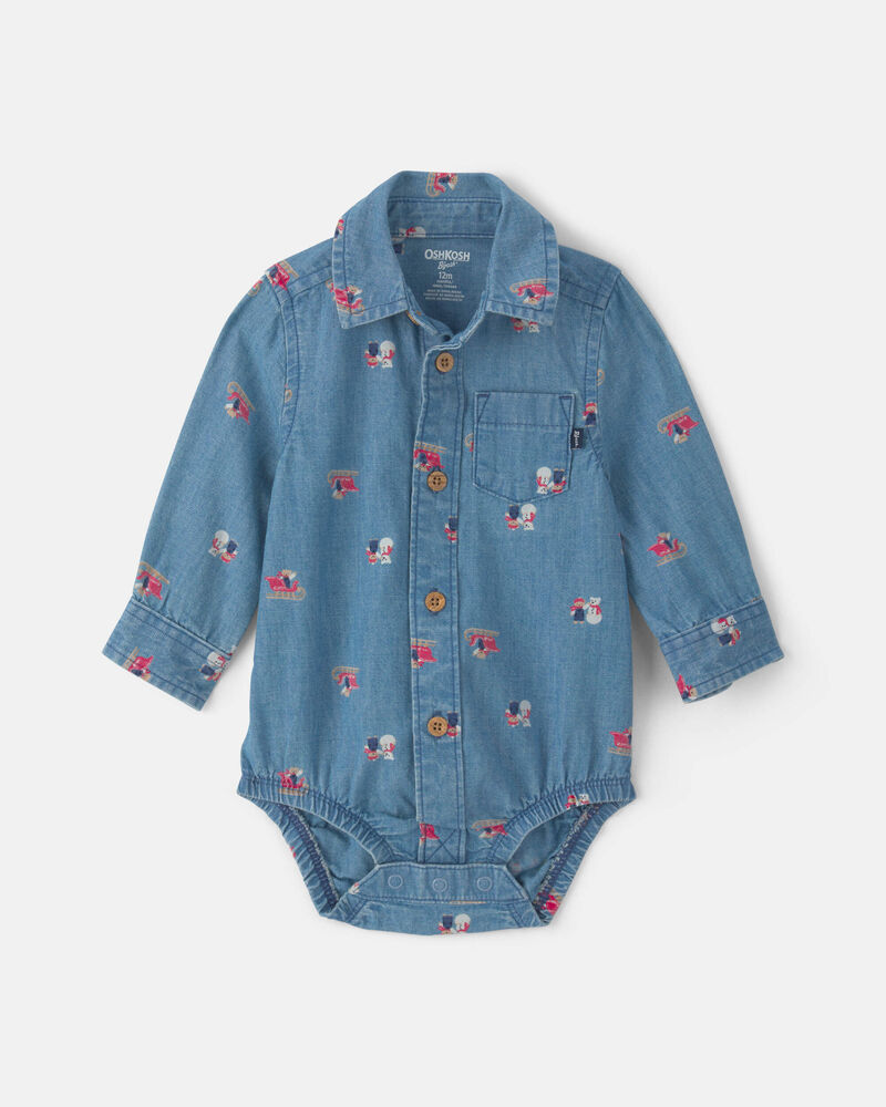 Baby Boy Snowman Chambray Long-Sleeve Bodysuit - Blue, image 1 of 3 slides