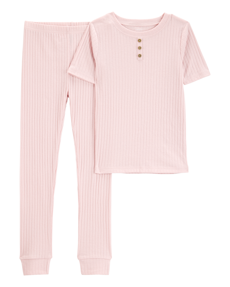 Kid Solid Ribbed Cotton Blend 2-Piece Pyjamas - Pink, image 1 of 3 slides