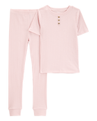 Kid Solid Ribbed Cotton Blend 2-Piece Pyjamas - Pink, image 1 of 3 slides