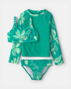 Filles - Maillot dermoprotecteur 3 pi&egrave;ces, fleurs - Vert, image 1 sur 4 diapositives