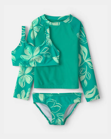 Filles - Maillot dermoprotecteur 3 pi&egrave;ces, fleurs - Vert, 