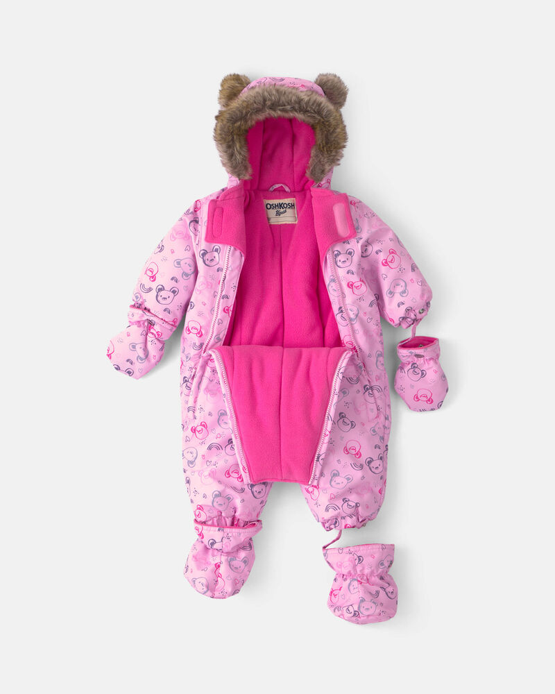 Baby Girl 1 Piece Bear Snowsuit- Pink , image 2 of 3 slides