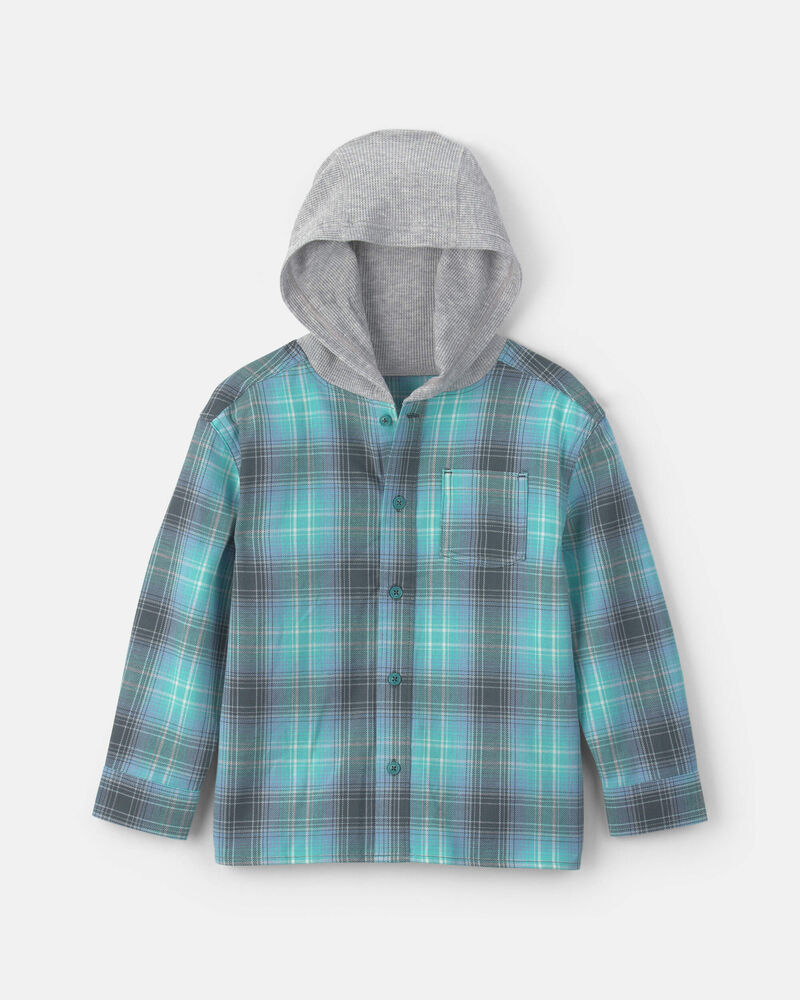 Boys Plaid Long-Sleeve Hooded Button-Down Shirt, image 1 of 3 slides