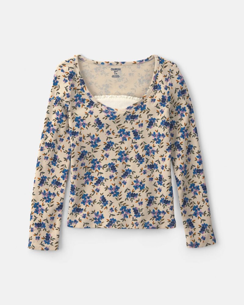 Filles - Haut manches longues &agrave; motif floral - Bleu/Cr&egrave;me, image 1 sur 3 diapositives