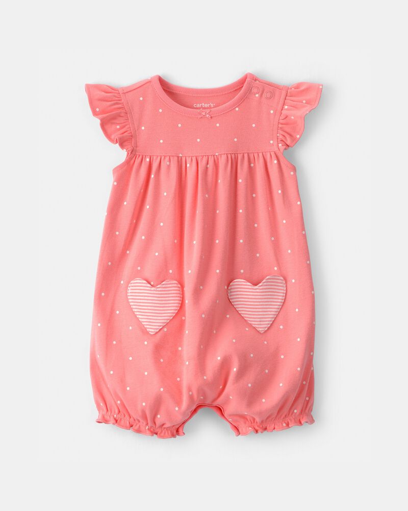 Baby Girl Heart Pocket Short-Sleeve Romper - Pink, image 1 of 4 slides