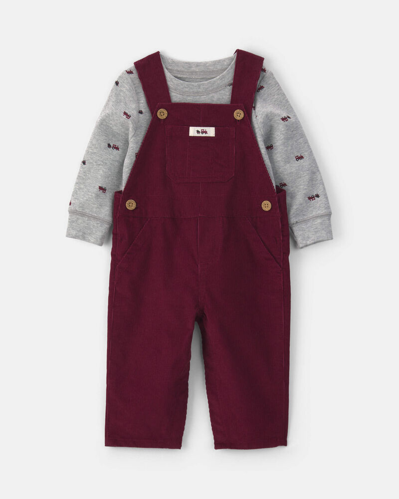 Baby Boy 2-Piece Holiday Corduroy Long-Sleeve Overall Set - Burgundy/Grey, image 1 of 6 slides