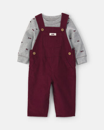 Baby Boy 2-Piece Holiday Corduroy Long-Sleeve Overall Set - Burgundy/Grey, 