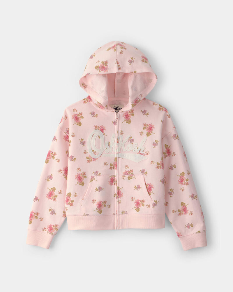 Filles - Blouson &agrave; capuchon, fermeture &agrave; glissi&egrave;re et logo OshKosh, motif floral - Rose, image 1 sur 3 diapositives