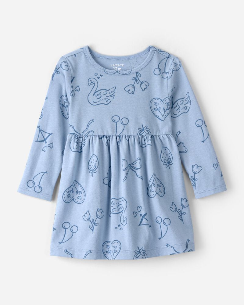 Baby Girl Bow Icon Long-Sleeve Knit Dress - Blue, image 1 of 4 slides