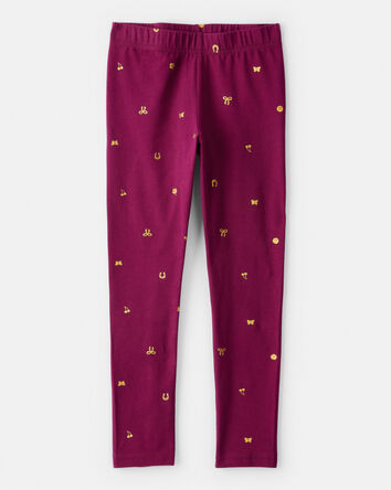 Girls Bow Print Pull-On Stretch Leggings - Purple, 