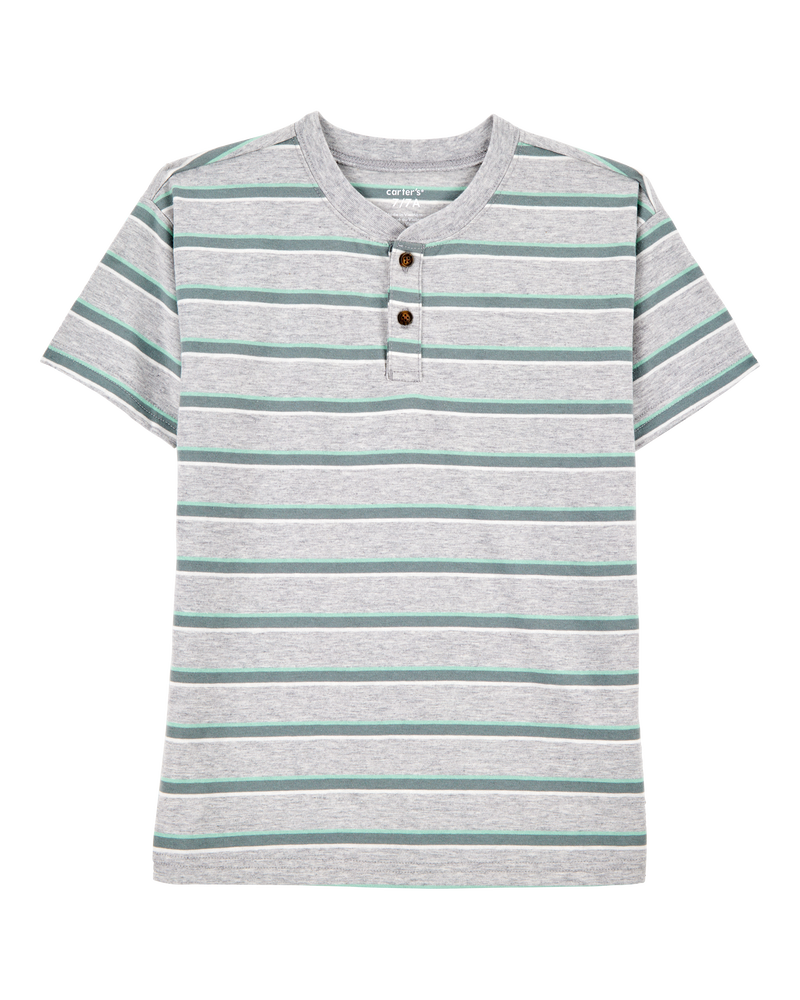 Kid Striped Knit Short-Sleeve Henley - Grey, image 1 of 3 slides
