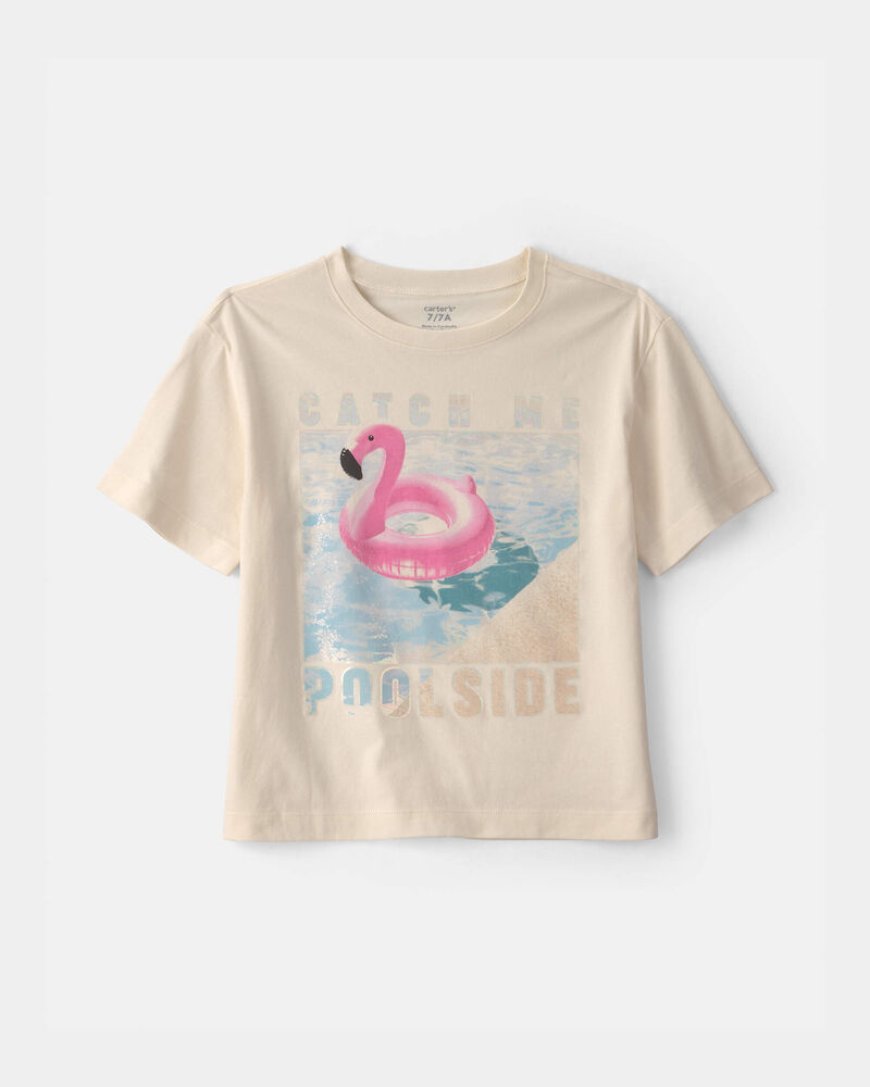 Girls 'Catch Me Poolside' Flamingo Graphic Tee - Cream, image 1 of 4 slides