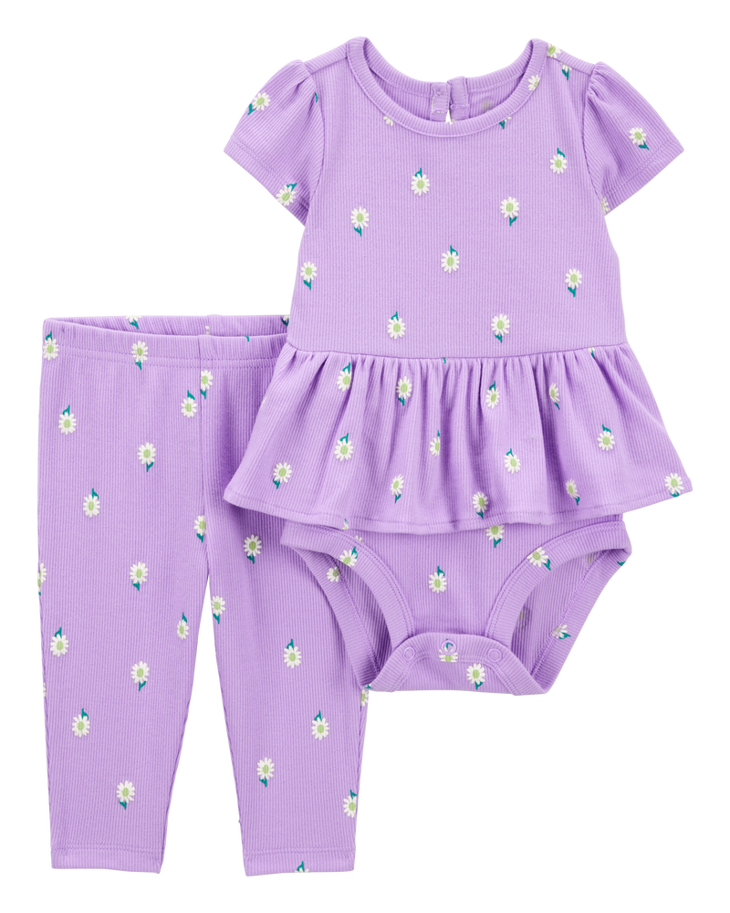 Baby 2-Piece Floral Peplum Bodysuit Pant Set - Purple, image 1 of 3 slides