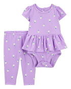 Baby 2-Piece Floral Peplum Bodysuit Pant Set - Purple, image 1 of 3 slides