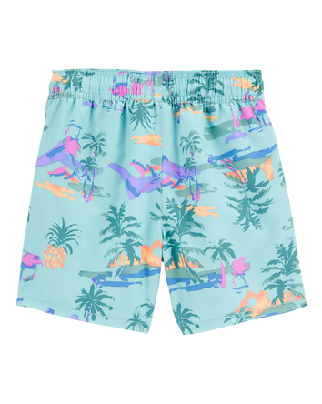 Kid Tropical-Print Pull-On Swim Trunks, 