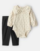 Baby Girl 2-Piece Bow Bodysuit & Pant Set - Cream/Green, image 1 of 5 slides