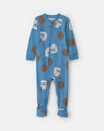 Baby Boy 1-Piece Milk & Cookies 2-Way Zip 100% Cotton Snug Fit Pyjama - Blue, 