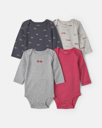 Baby Boy 4-Pack Race Car Long-Sleeve Bodysuits, 