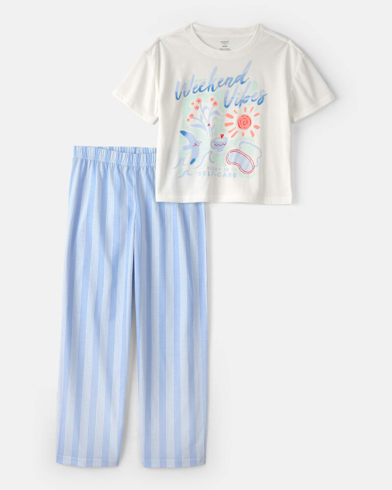Girls Weekend Vibes' Striped Loose Fit 2-Piece Pyjama Set - Blue/Ivory, image 1 of 3 slides