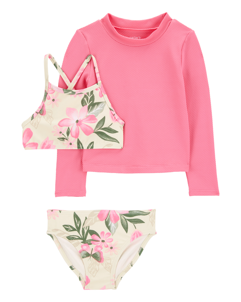 Toddler Girl 3-Piece Tropical Floral Rashguard Swim Set - Pink/Cream, image 1 of 5 slides
