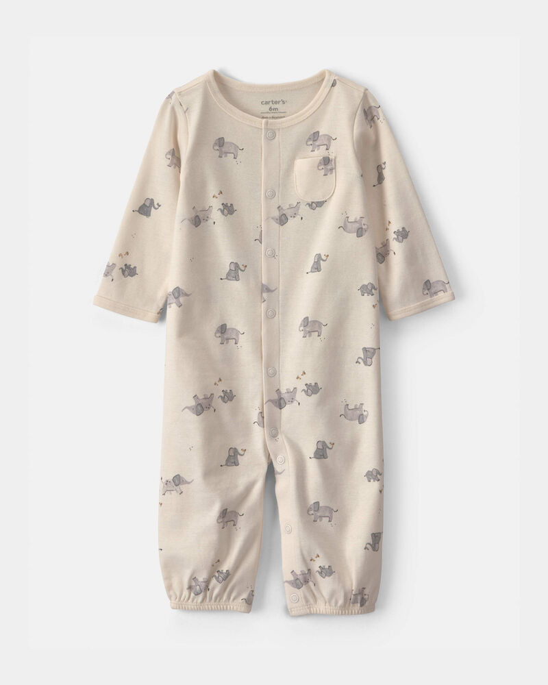 Baby Elephant 100% Cotton Sleeper Gown - Cream, image 1 of 3 slides