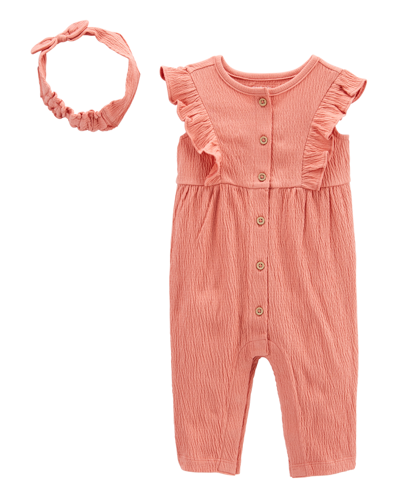 Baby 2-Piece Crinkle Jersey Jumpsuit & Headwrap Set, image 1 of 3 slides