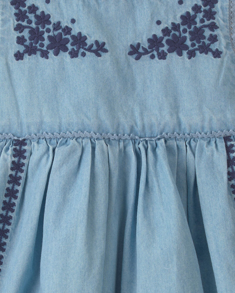 Baby Girl Floral Embroidered Chambray Dress, image 4 of 5 slides