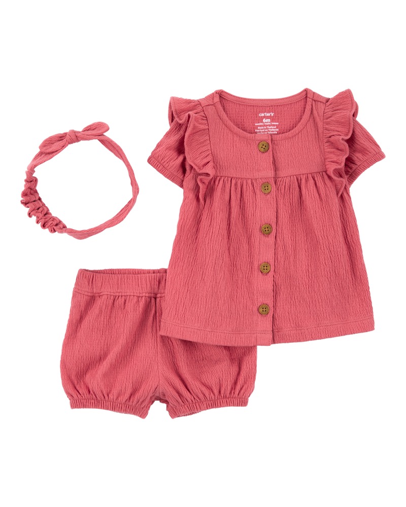 Bébé fille - Ensemble 3 pièces en tissu gaze à boutons - Rouge, image 1 sur 4 diapositives