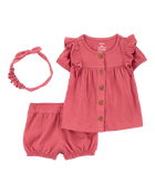 Bébé fille - Ensemble 3 pièces en tissu gaze à boutons - Rouge, image 1 sur 4 diapositives