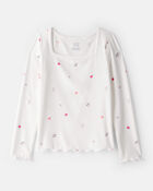 Girls Cafe-Print Ribbed Top - Ivory, image 1 of 3 slides