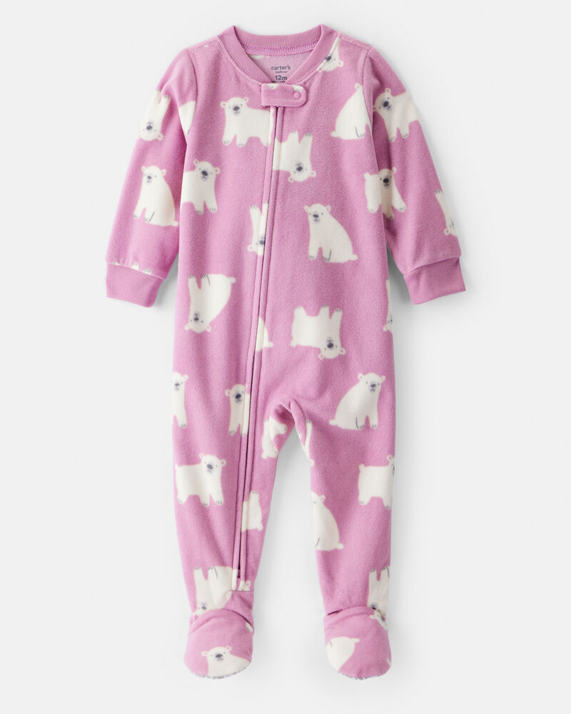 Baby Girl Polar Bear Loose Fit Long-Sleeve 2-Way Zip 1-Piece Pyjamas - Pink, image 1 of 3 slides