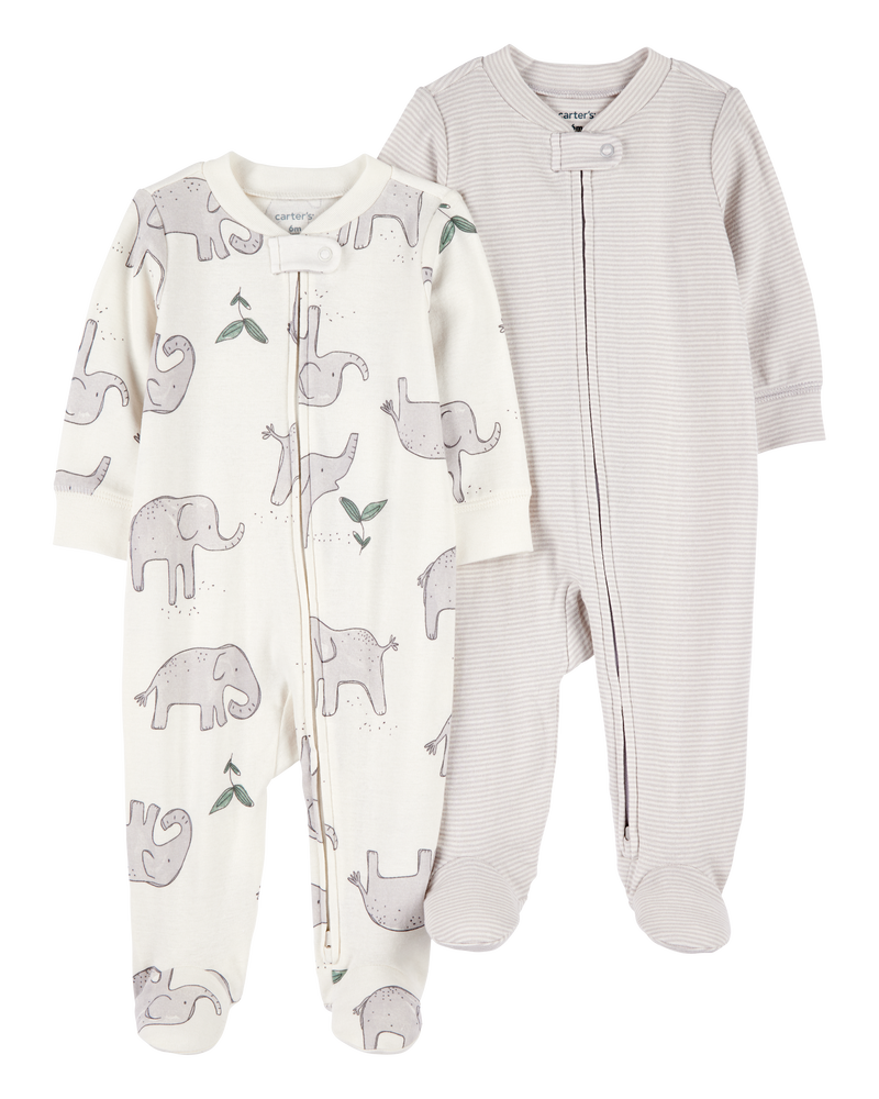 Baby 2-Pack Striped Elephant 2-Way Zip Cotton Sleeper, image 1 of 4 slides