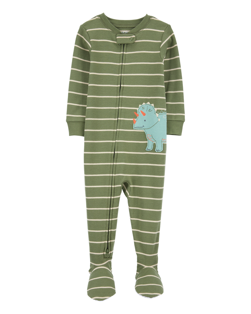 Tout-petit garçon - Pyjama 1 pièce à pieds en coton ajusté à rayures et motif de dinosaure - Vert, image 1 sur 4 diapositives