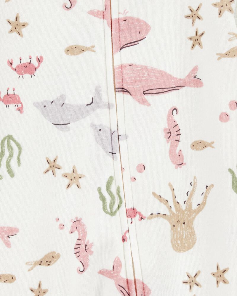 Baby Girl Aquatic Animals Print 2-Way Zip Cotton Sleeper Pyjamas - Ivory, image 2 of 3 slides